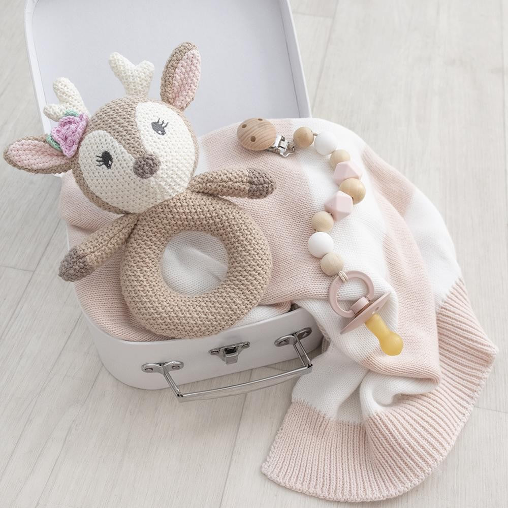 KNITTED RING RATTLE - AVA THE FAWN