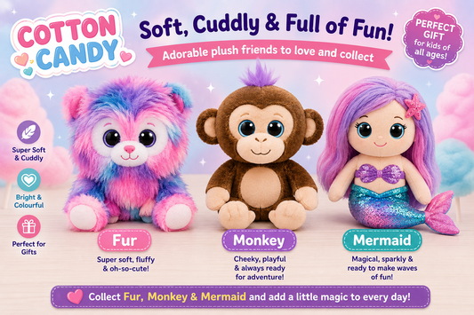 Cotton Candy Plush Toys – Furry, Monkey & Mermaid Soft Toys