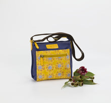 Load image into Gallery viewer, CANVAS LEATHER CROSS BODY BAG YELLOW AROUND THE CAMP FIRE
