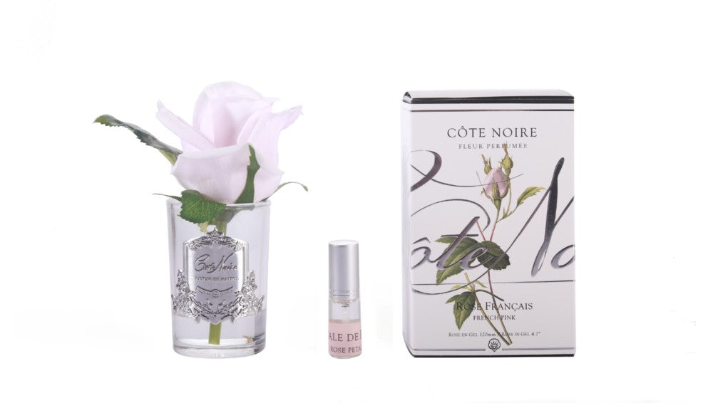 COTE NOIRE PERFUME R/BUD FRENCH PINK - CLEAR GLASS W/ SILVER CREST 120MM