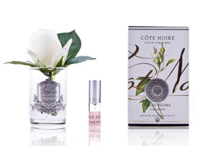 COTE NOIRE PERFUME ROSE BUD IVORY WHITE - CLEAR GLASS W/ SILVER CREST