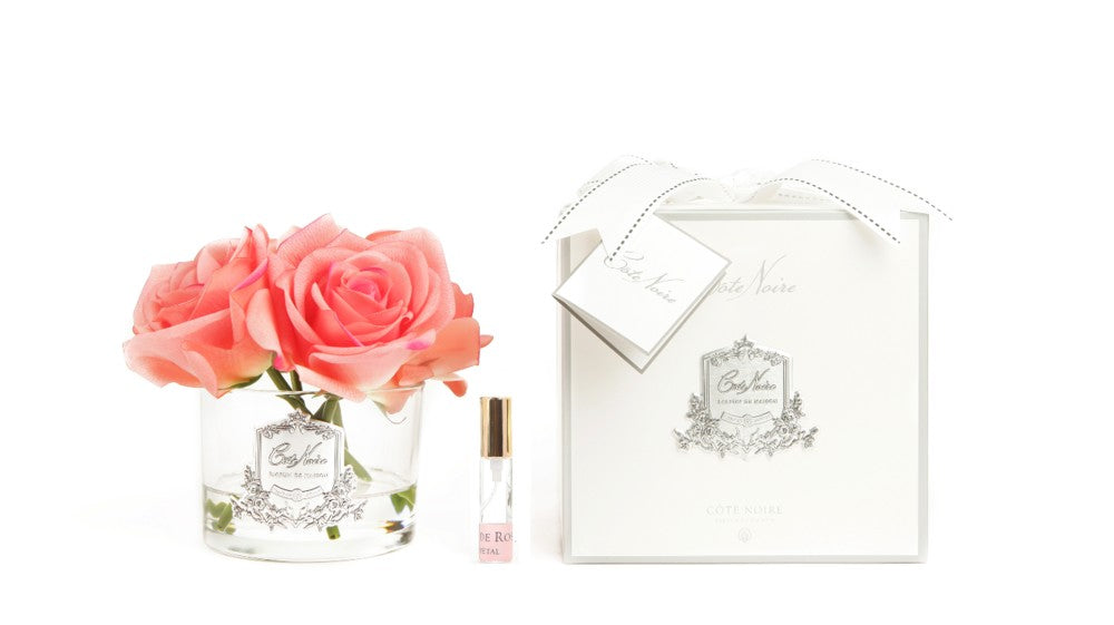 COTE NOIRE PERFUME FIVE WHITE ROSE- CLEAR GLASS SILVER CREST