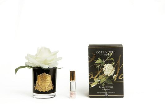 COTE NOIRE PERFUME FRENCH ROSE - IVORY WHITE BLK GLASS GOLD CREST 140MM