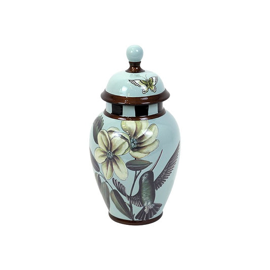 HEIDI LT BLUE CERAMIC FLORAL LID URN SMALL