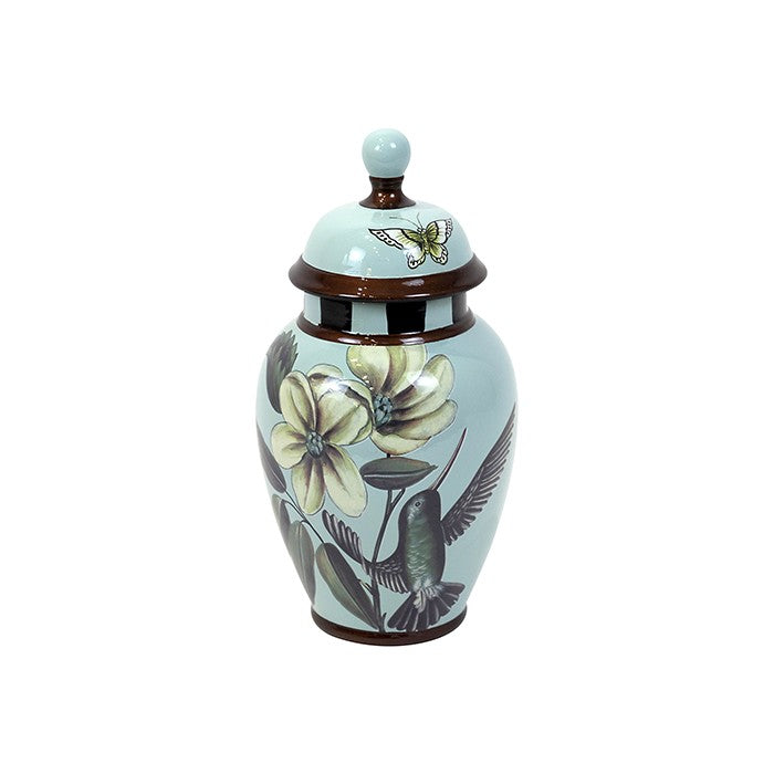 HEIDI LT BLUE CERAMIC FLORAL LID URN SMALL