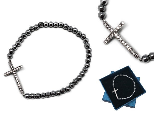 HEMATITE BRACELET WITH ZIRCON CROSS