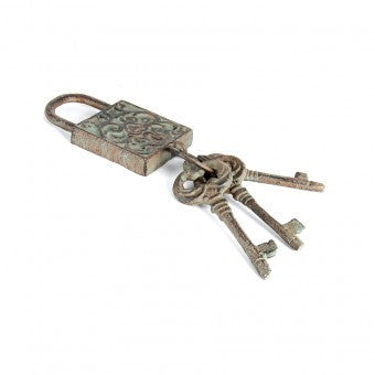ANTIQUE LOCK W 3 KEYS ON RING 