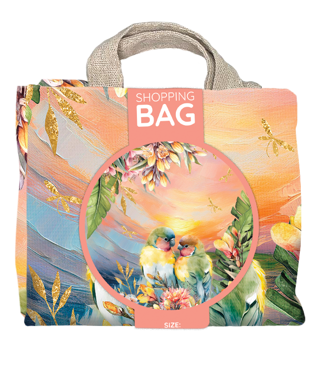 Reusable shopping bag. 45cm, 10cm gusset. Love Bird Sunset