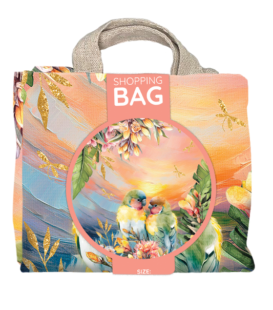 Reusable shopping bag. 45cm, 10cm gusset. Love Bird Sunset