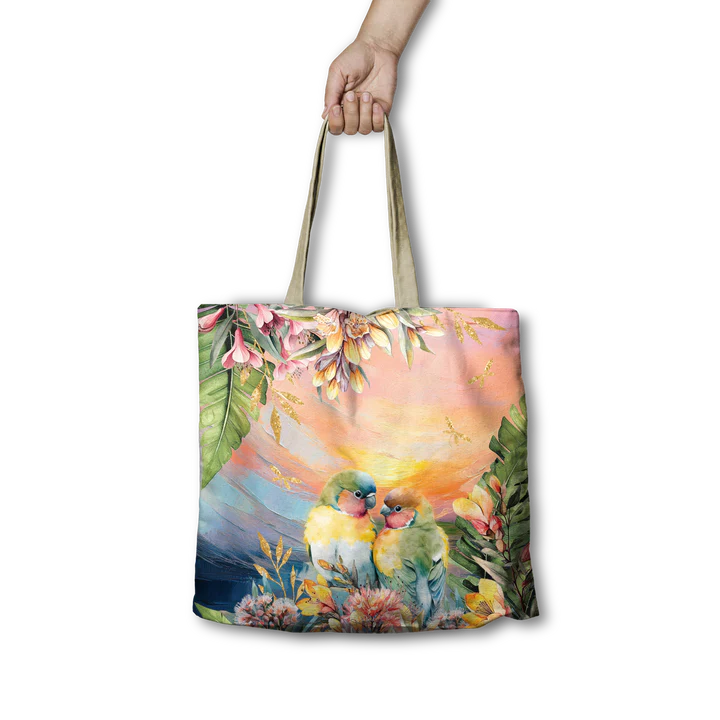 Reusable shopping bag. 45cm, 10cm gusset. Love Bird Sunset